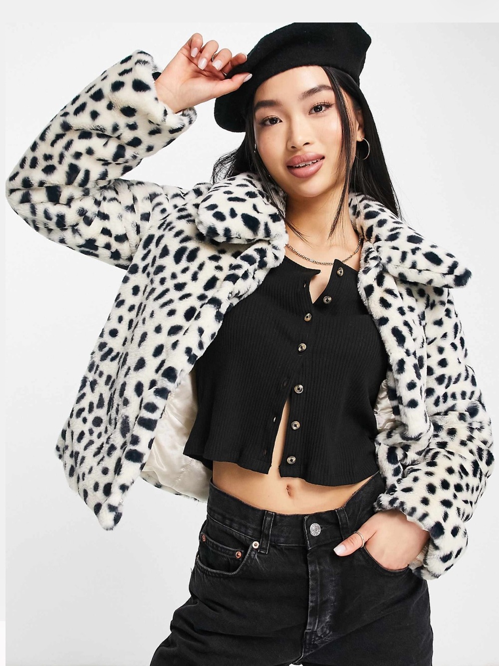 Miss Selfridge animal print short faux fur jacket